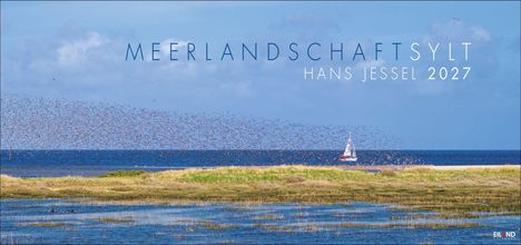 „Meerlandschaft Sylt“, Hans Jessel 2027. Ein weißes Segelboot auf blauem Meer, umgeben von vielen Vögeln.