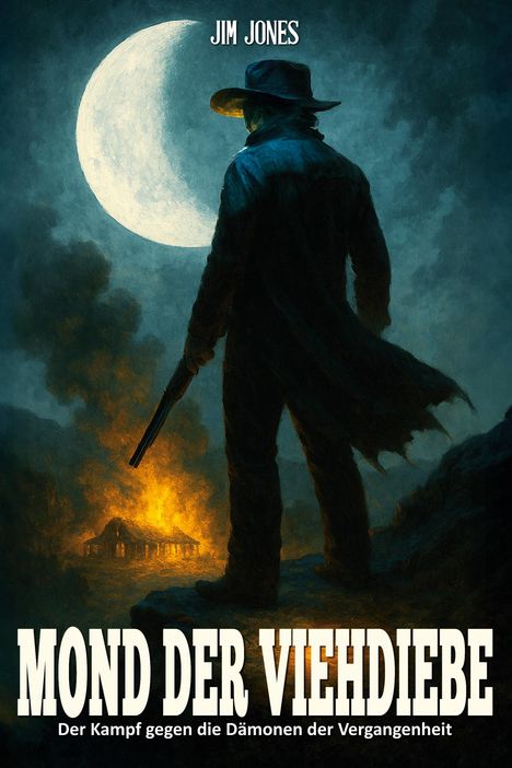 "Mond der Viehdiebe. Der Kampf gegen die Dämonen der Vergangenheit." Silhouette eines Cowboys vor brennender Hütte und Vollmond.