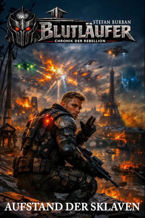 "Blutläufer: Chronik der Rebellion", "Aufstand der Sklaven". Ein Soldat vor brennendem Paris, futuristische Szenerie.