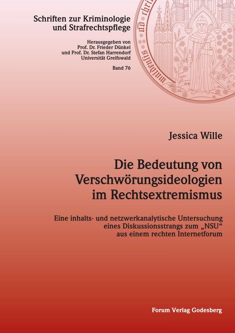 Schriften zur Kriminologie, Bedeutung von Verschwörungsideologien im Rechtsextremismus; roter Hintergrund; Siegelillustration.