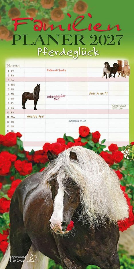 Familien Planer 2027. Pferdeglück. Termine: Treffen, Geburtstagsfeier, Robi Ausritt. Pferde und rote Rosen.