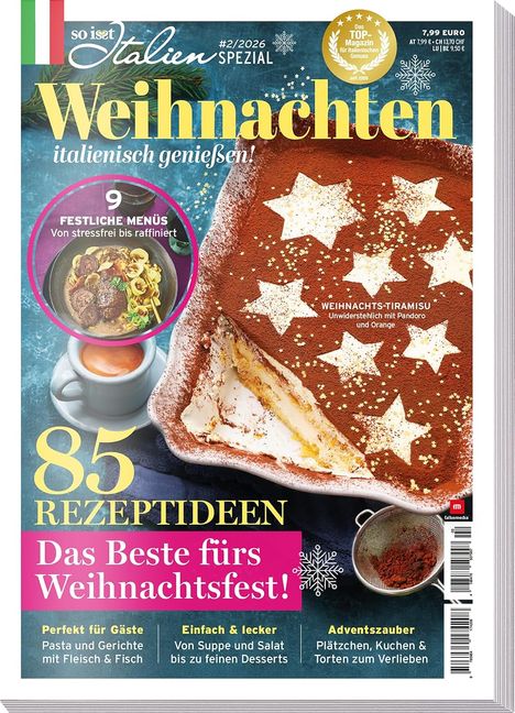 Titel: "Weihnachten italienisch genießen! 85 Rezeptideen". Bild: Tiramisu mit Sternen, Kaffee, Pasta.