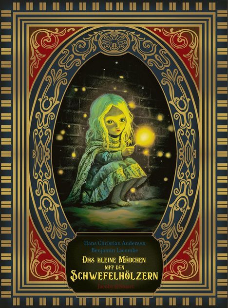 Das kleine Mädchen mit den Schwefelhölzern. Eine Illustration eines Mädchens mit blondem Haar, das ein Streichholz hält.