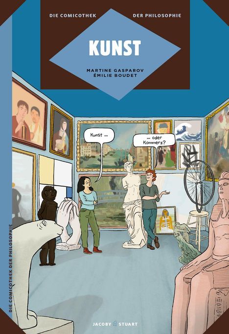 „Kunst ... oder Kommerz?“ Zwei Personen diskutieren in einer Galerie voller Skulpturen und Gemälden.