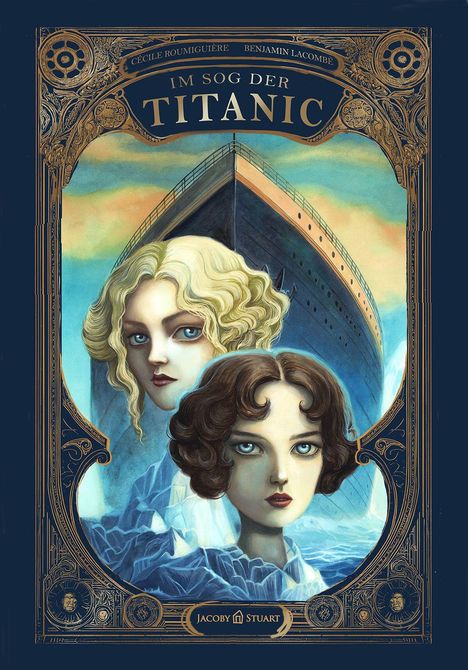Titel: "IM SOG DER TITANIC". Zwei Frauen vor einem großen Schiff und Eisberg, umrahmt von dekorativen Elementen.