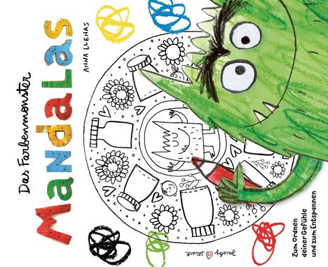 "Das Farbenmonster Mandalas" und "Zum Ordnen deiner Gefühle und zum Entspannen". Ein grünes Monster mit großem Auge.