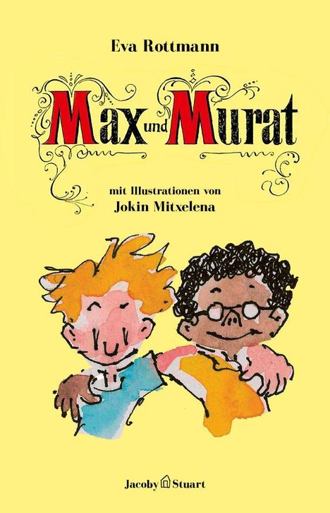 "Max und Murat" in großen Buchstaben mit Schnörkeln. Illustration von zwei fröhlichen Jungen.