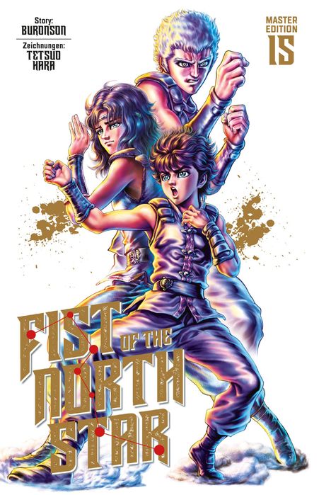 "Fist of the North Star" Master Edition 1S, Figuren in Kampfposen, dynamisches, farbenfrohes Illustrationsdesign.