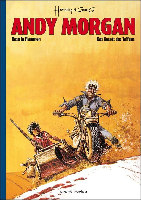 Titel: "Andy Morgan". Untertitel: "Oase in Flammen" und "Das Gesetz des Taifuns". Illustration: Zwei Personen auf Motorrad.