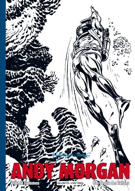 "ANDY MORGAN, Oase in Flammen, Das Gesetz des Taifuns." Illustration: Ein Taucher schwimmt neben Korallen nach oben.