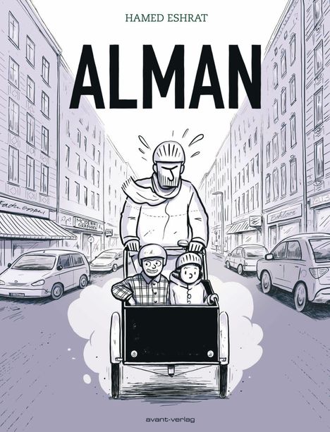 Text: "HAMED ESHRAT ALMAN avant-verlag". 

Illustration: Eine Person schiebt ein Lastenrad mit zwei lachenden Kindern durch eine belebte Stadtstraße.