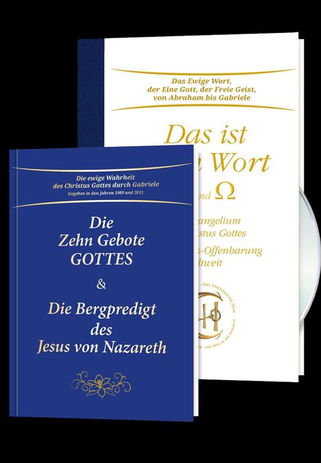 Zwei religiöse Buchcover: Blaues Buch mit „Die Zehn Gebote GOTTES & Die Bergpredigt“ und weißes Buch mit „Das Ewige Wort“.