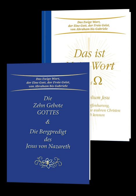 Zwei Bücher mit religiösen Titeln: „Die Zehn Gebote GOTTES & Die Bergpredigt des Jesus von Nazareth“ sowie „Das ist Mein Wort“.