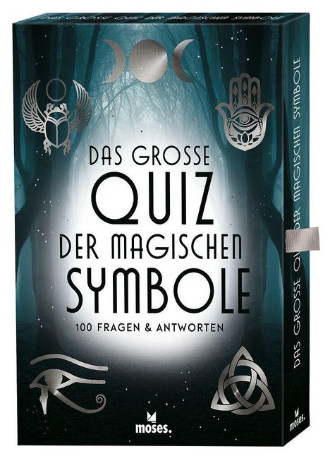 "Das große Quiz der magischen Symbole", "100 Fragen & Antworten". Symbole: Mondphasen, Skarabäus, Hamsa, Auge, Knoten.