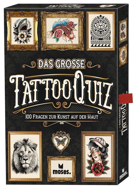 "Das Grosse Tattoo Quiz" und "100 Fragen zur Kunst auf der Haut" in stilvoller Schrift mit Illustrationen von Tattoos.