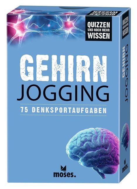 „GEHIRN JOGGING“, „75 DENKSPORTAUFGABEN“, „QUIZZEN UND NOCH MEHR WISSEN“. Illustration eines leuchtenden Gehirns.