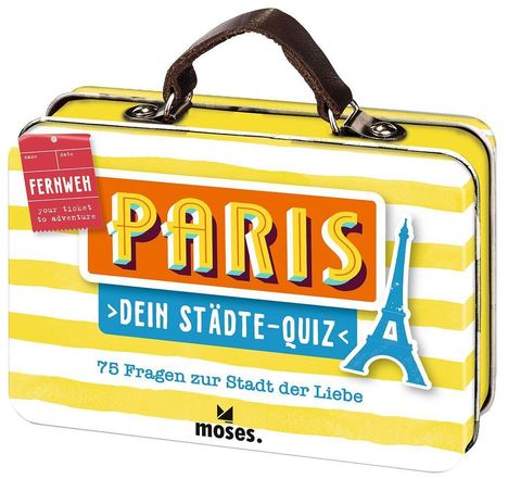 "PARIS" in großen Buchstaben, "DEIN STÄDTE-QUIZ", "75 Fragen zur Stadt der Liebe". Illustration eines Koffers.