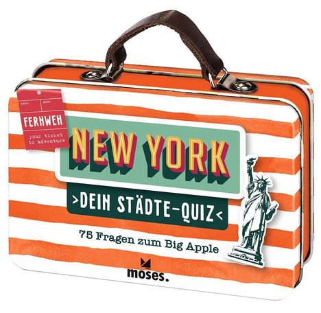 "NEW YORK: DEIN STÄDTE-QUIZ", "75 Fragen zum Big Apple", „FERNWEH“. Koffer mit Streifen, Freiheitsstatue, Ledergriff.