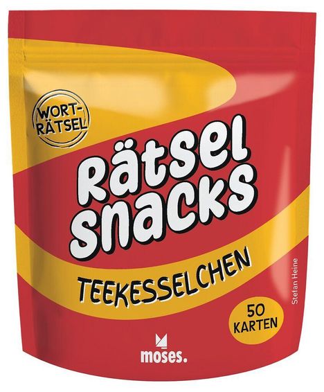 "WORTRÄTSEL", "Rätsel Snacks", "TEEKESSELCHEN", "50 KARTEN". Gelb-rotes Verpackungsdesign mit "moses." Logo.