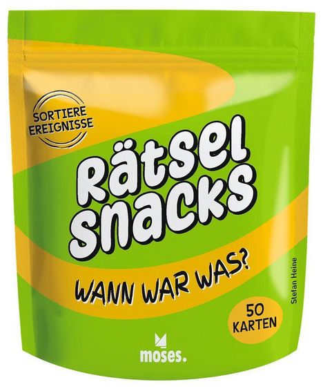 Text: "Sortiere Ereignisse. Rätsel Snacks. Wann war was? 50 Karten." Verpackung in Grün und Gelb mit Logo unten.