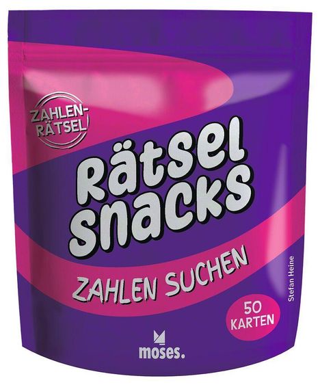 "Rätsel Snacks, Zahlen suchen, Zahlen-Rätsel, 50 Karten, Stefan Heine, moses." Auf bunter Verpackung in Violett und Pink.