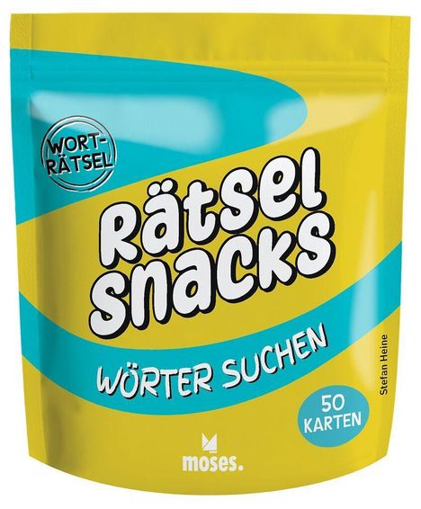 Verpackung in Gelb und Blau. Texte: "WORT-RÄTSEL," "Rätsel Snacks," "WÖRTER SUCHEN," "50 KARTEN," und "moses."