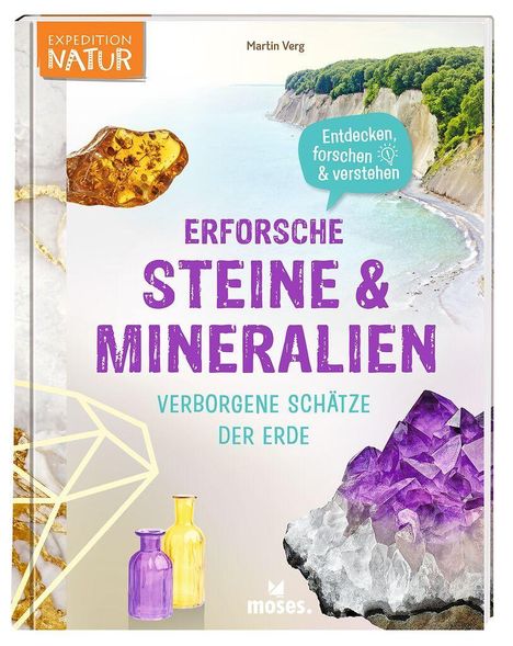 "Erforsche Steine & Mineralien: Verborgene Schätze der Erde", rechts lila Kristall, oben Küstenlandschaft.