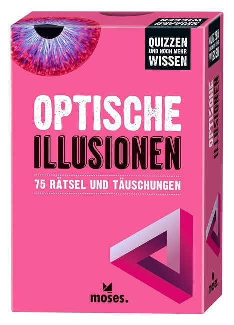 „OPTISCHE ILLUSIONEN: 75 Rätsel und Täuschungen“ auf rosa Hintergrund, oben ein irisierendes Auge.
