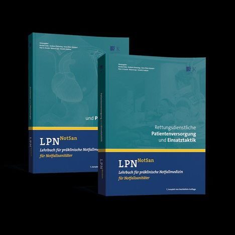 Zwei medizinische Lehrbücher, Titel: "Rettungsdienstliche Patientenversorgung und Einsatztaktik", "LPN NotSan".
