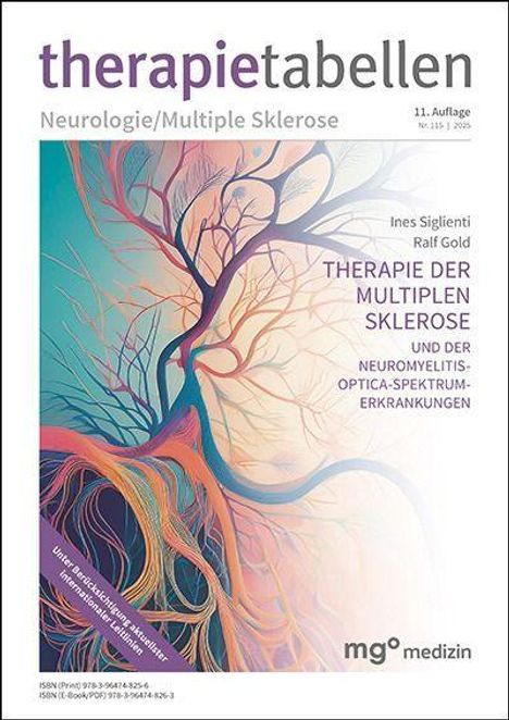 "Therapietabellen Neurologie/Multiple Sklerose, 11. Auflage, Therapie der Multiplen Sklerose." Bunte neuronale Illustration.