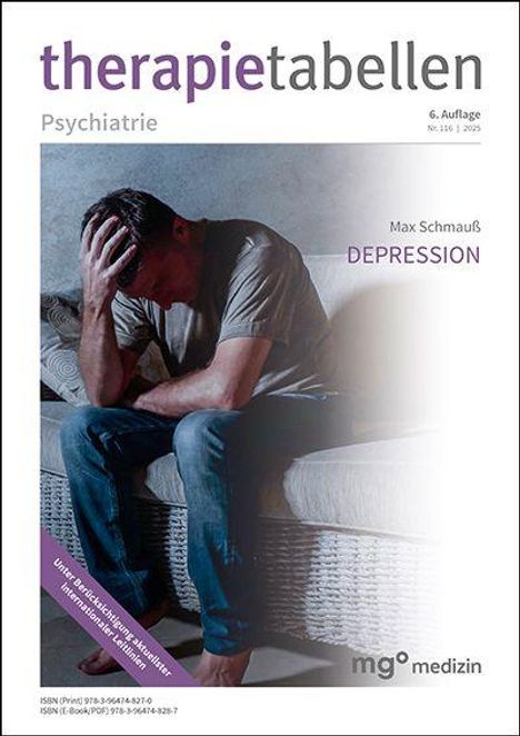 „therapietabellen Psychiatrie, 6. Auflage, Max Schmauß, DEPRESSION“; ein Mann sitzt mit gesenktem Kopf auf einer Couch.