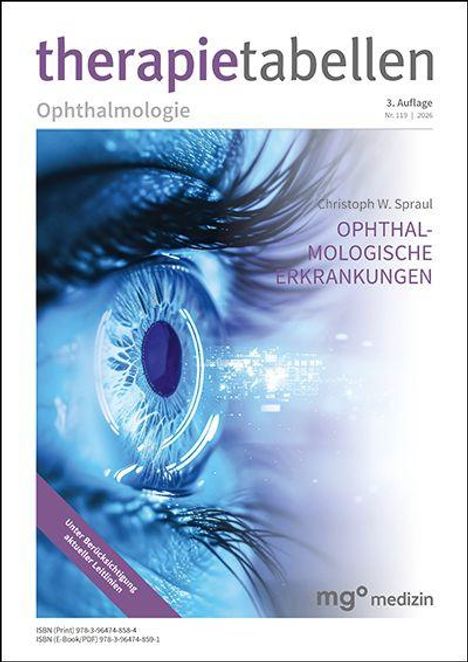 Oben steht "therapietabellen Ophthalmologie". Groß: "OPHTHALMOLOGISCHE ERKRANKUNGEN". Bild: Nahaufnahme eines Auges.