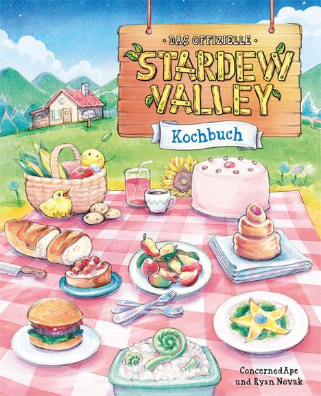 „Das offizielle Stardew Valley Kochbuch“ auf Holzschild. Illustrationen von Speisen auf Picknickdecke, Landschaft im Hintergrund.