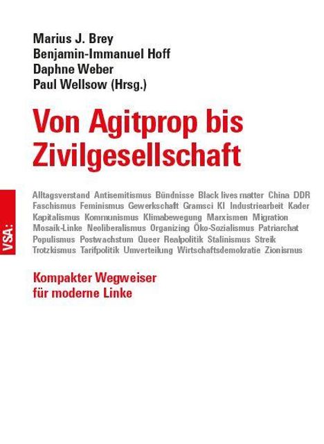 Text: "Von Agitprop bis Zivilgesellschaft. Kompakter Wegweiser für moderne Linke." 
Weiße Oberfläche mit rotem und schwarzem Text.
