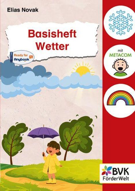 "Basisheft Wetter" steht oben, darunter "Ready for Anybook". Links ein Kind mit Regenschirm, Sonne und Wolken. Rechts ein Schnee-, Emoji- und Regenbogen-Logo.