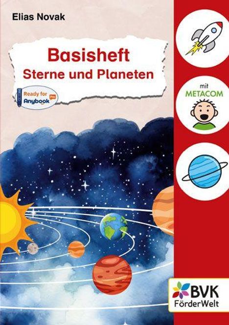 „Basishheft Sterne und Planeten“ steht auf einer Illustration des Sonnensystems. Rakete, Gesicht und Planet als Symbole.