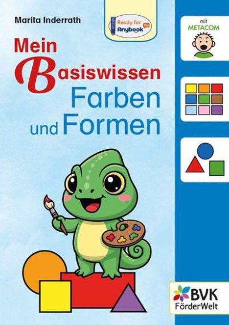 Texte: "Mein Basiswissen Farben und Formen", "Ready for Anybook", "mit METACOM". Illustration: Ein Chamäleon mit Pinsel und Farbpalette.