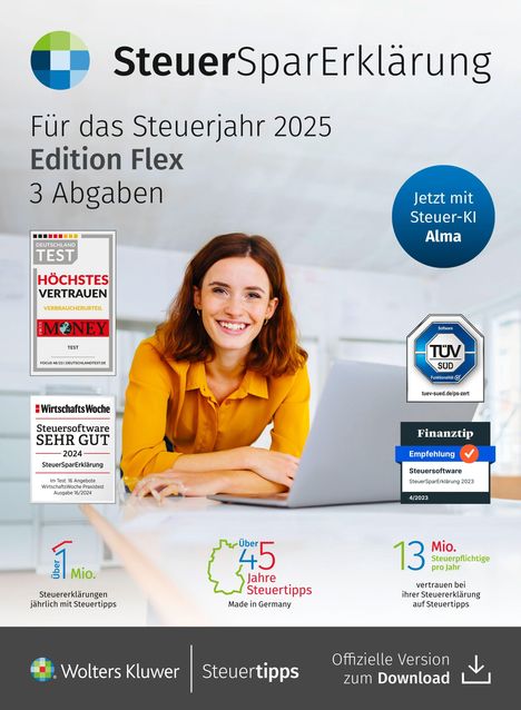 SteuerSparErklärung 2025. Edition Flex. Jetzt mit Steuer-KI Alma. TÜV SÜD geprüft. Frau lächelnd am Laptop.
