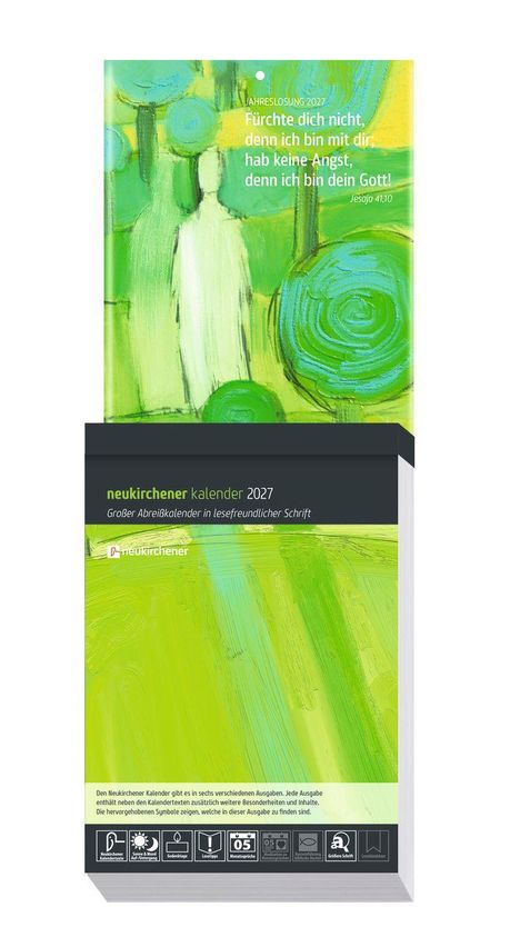 "Jahreslosung 2027: Fürchte dich nicht, denn ich bin mit dir; hab keine Angst, denn ich bin dein Gott! Jesaja 41,10". Farbige, abstrakte Malerei in Grüntönen mit einem stilisierten Menschen. Darunter: "neukirchener kalender 2027".