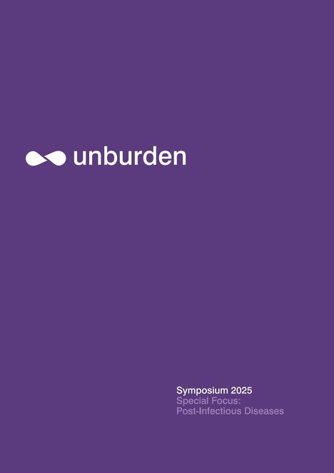 "unburden" mit Unendlichkeitslogo oben. Unten: "Symposium 2025, Special Focus: Post-Infectious Diseases" auf lila Hintergrund.