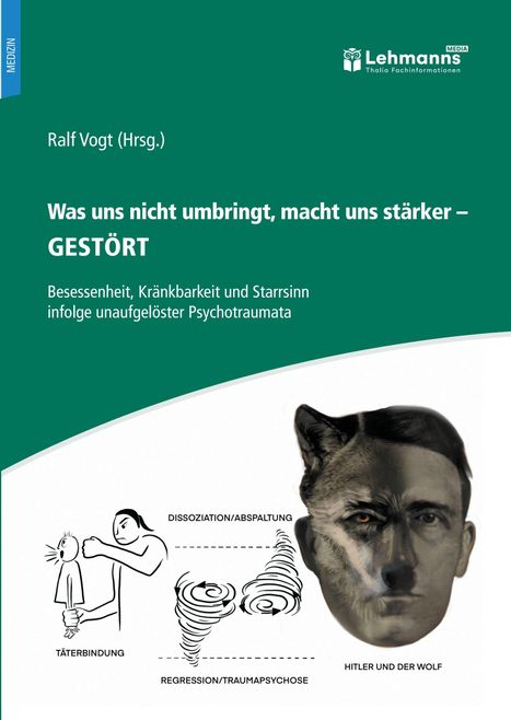 Ein Cover mit einem grünen Hintergrund. Oben steht: "Was uns nicht umbringt, macht uns stärker – GESTÖRT". Unten sind Illustrationen, darunter "Täterbindung", "Dissoziation/Abspaltung", "Regression/Traumapsychose" und "Hitler und der Wolf". Ein Logo der "Lehmanns Media" erscheint.