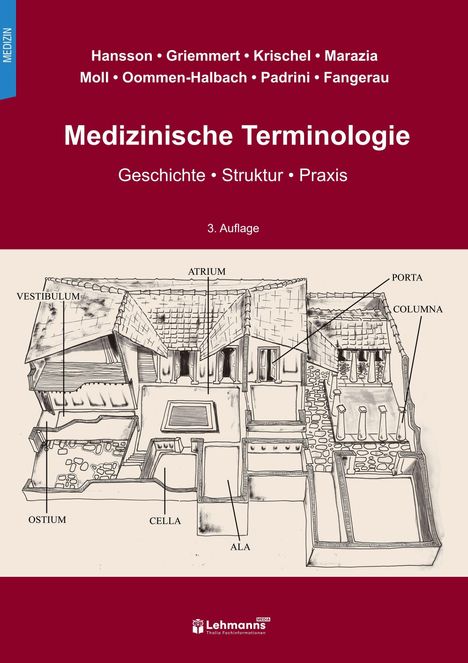 "Medizinische Terminologie", Autoren: Hansson et al., 3. Auflage. Eine Zeichnung eines antiken Gebäudes mit lateinischen Begriffen.