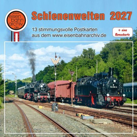 "Schienenwelten 2027" - 13 stimmungsvolle Postkarten. Zwei Dampfloks auf Gleisen, umgeben von Bäumen und Himmel.