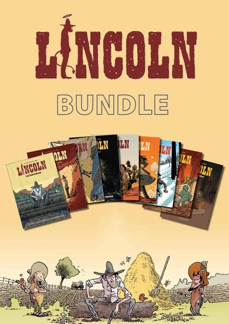 „LINCOLN BUNDLE“ steht oben. Darunter sind Comic-Cover. Unten sitzen Bauern neben einem Heuhaufen.