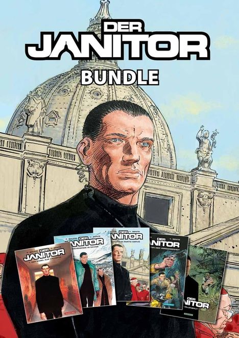 Der Text "Der Janitor BUNDLE". Illustration eines Mannes vor einem großen Gebäude mit Kuppel, darunter Comic-Bücher.