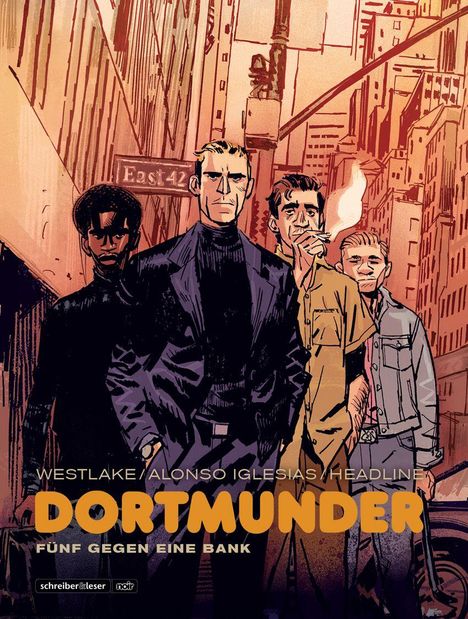 "Dortmunder: Fünf gegen eine Bank." Illustration mit vier Männern in einer Stadtstraße vor Hochhäusern.