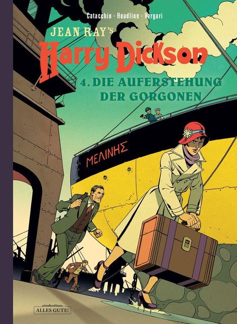 "Jean Ray's Harry Dickson 4. Die Auferstehung der Gorgonen." Illustrations-Stil: Ein Mann und eine Frau in Eile am Hafen.