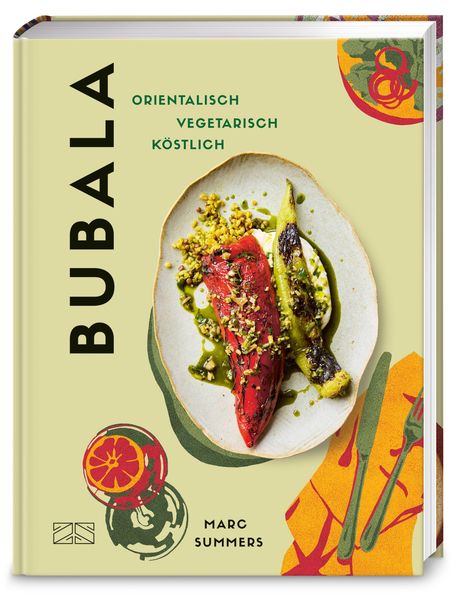"BUBALA, Orientalisch Vegetarisch Köstlich, Marc Summers." Ein Teller mit gegrilltem Gemüse, umgeben von grafischen Formen.