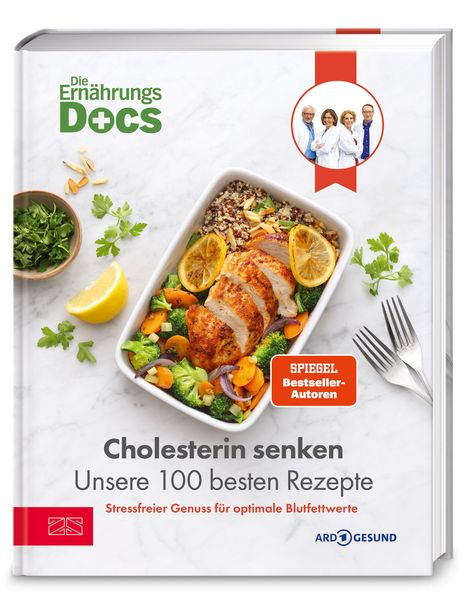 „Cholesterin senken: Unsere 100 besten Rezepte. Stressfreier Genuss für optimale Blutfettwerte.“ Oberhalb ein Bild mit Essen.