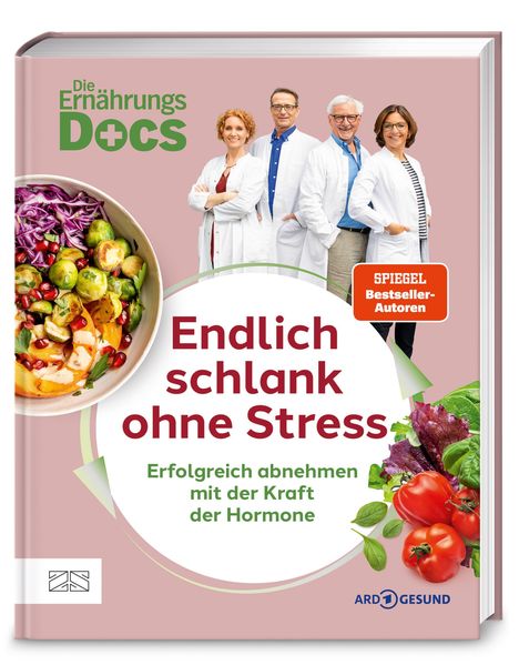 „Endlich schlank ohne Stress“ steht in großer Schrift. Vier Personen in weißen Kitteln posieren, daneben Gemüse.